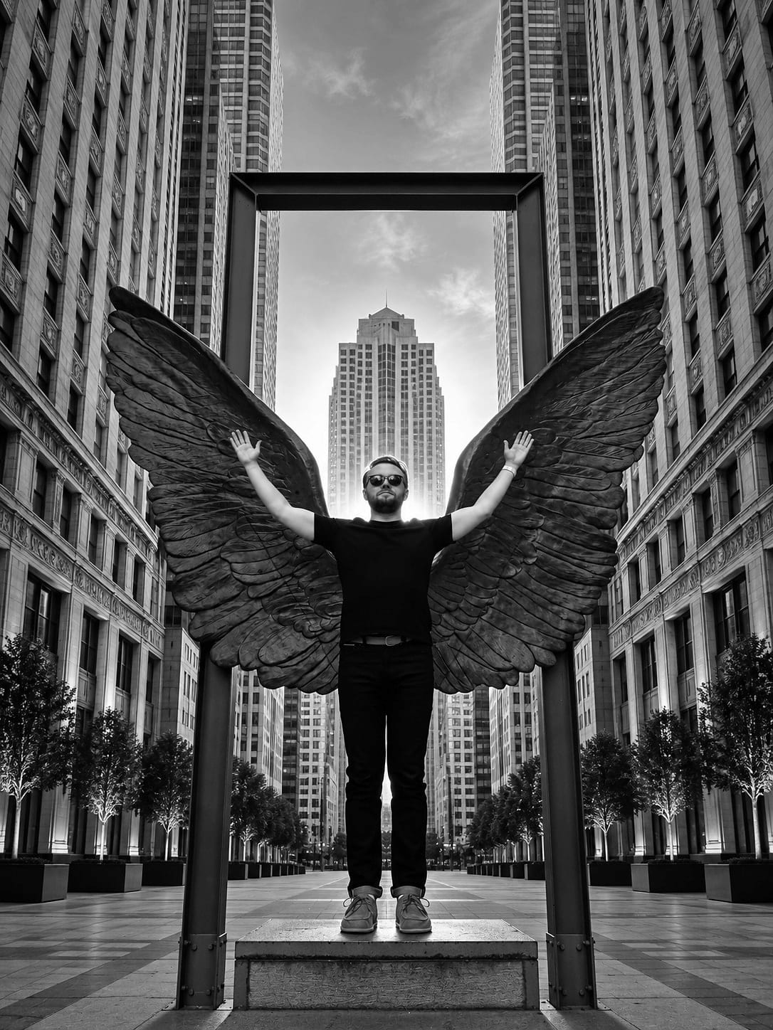 Tomasz Nowicki standing with his arms raised in front of a wing sculpture between Chicago skyscrapers.